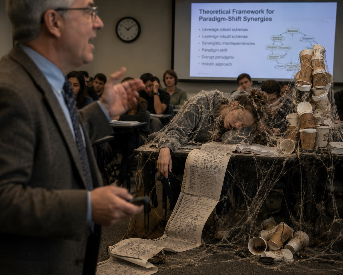 A lecturer gestures at a slide headed "Theoretical Framework for Paradigm-Shift Synergies" while a student at the back is asleep beneath a layer of cobwebs, surrounded by a tower of empty coffee cups.