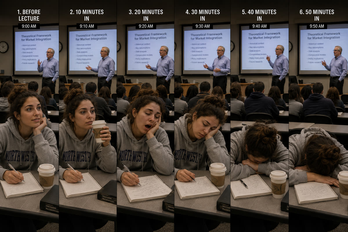 Six photographs of the same student through one lecture: alert at nine in the morning, reaching for coffee at ten past, yawning at twenty past, eyes closing at half past, head down at twenty to ten, and fast asleep on the desk by ten to ten.