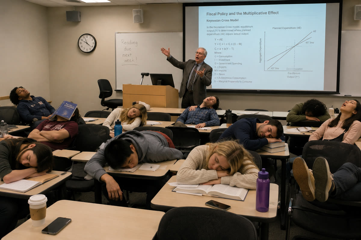A lecturer mid-sentence in front of a slide about fiscal policy and the Keynesian cross model, addressing a room in which every single student is asleep at their desk.