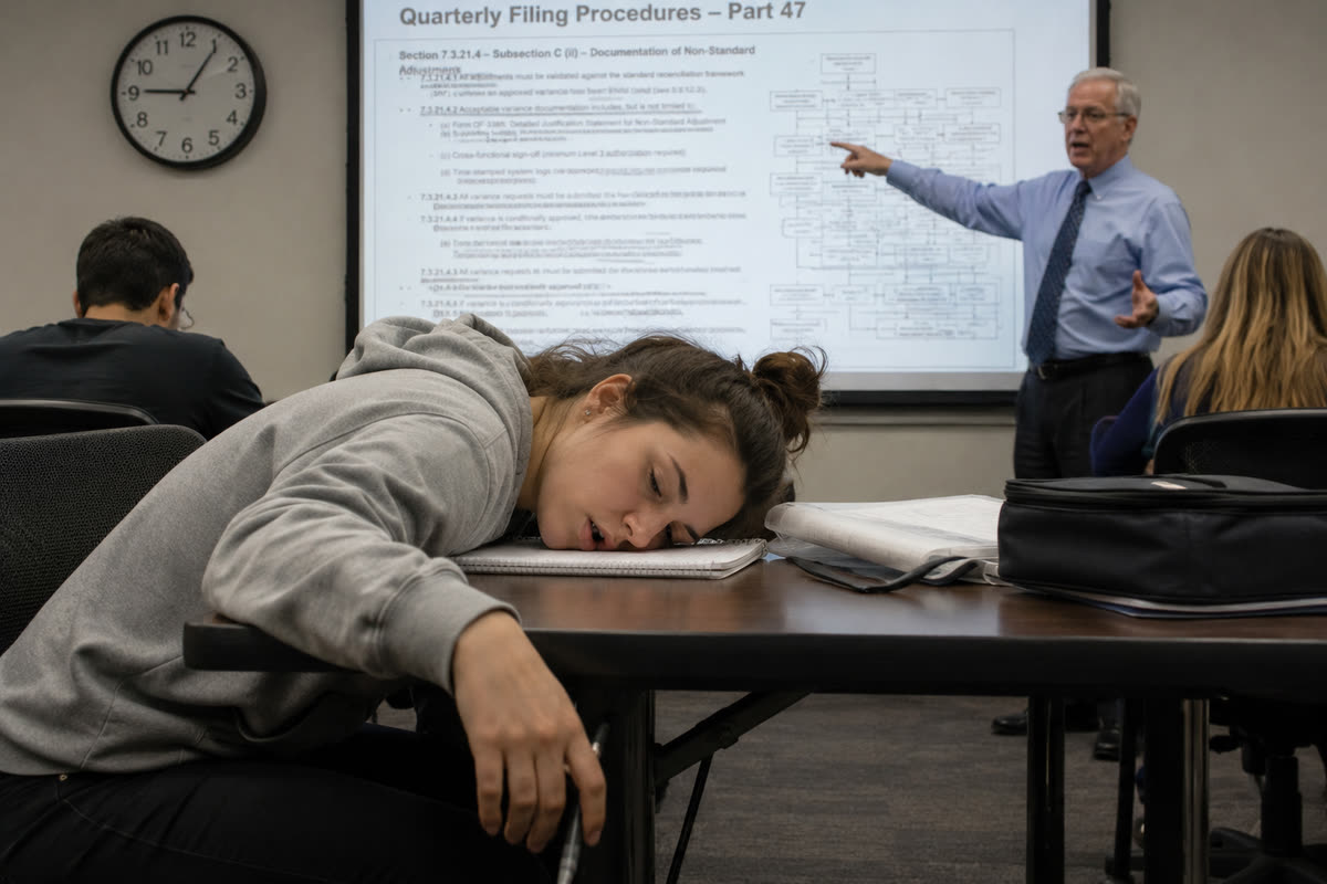 A student asleep face-down on a desk while a lecturer points at a slide headed "Quarterly Filing Procedures — Part 47".
