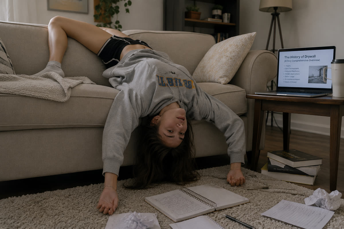 A young woman draped upside down off a sofa, fast asleep, while a laptop on the side table plays a presentation titled "The History of Drywall: A Very Comprehensive Overview".